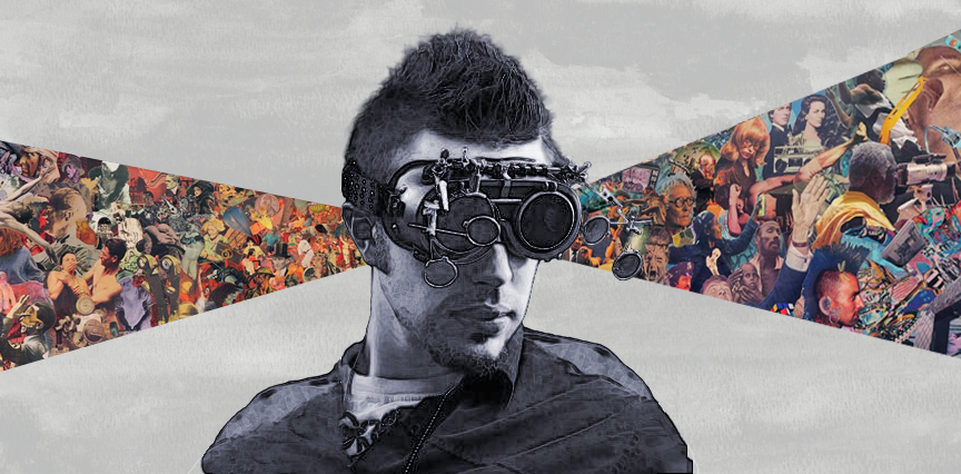 Man with futuristic goggles, colorful comic strip collage